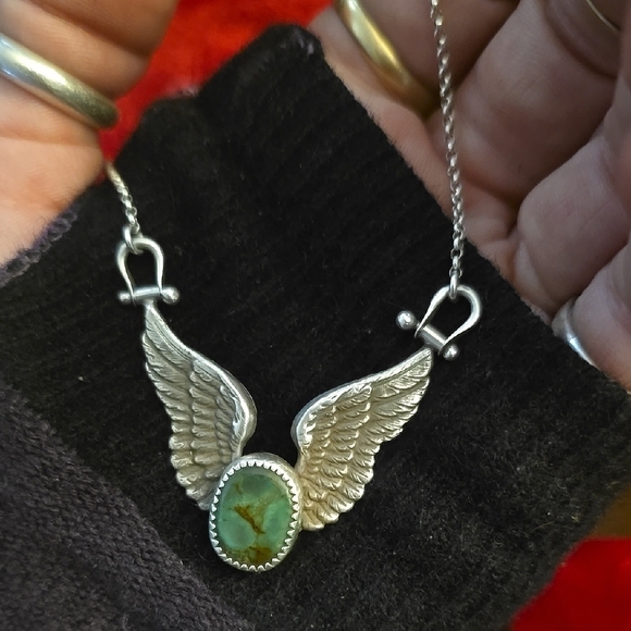 Silver Wings Necklace with Green Fox Turqouise - Picture 3 of 5